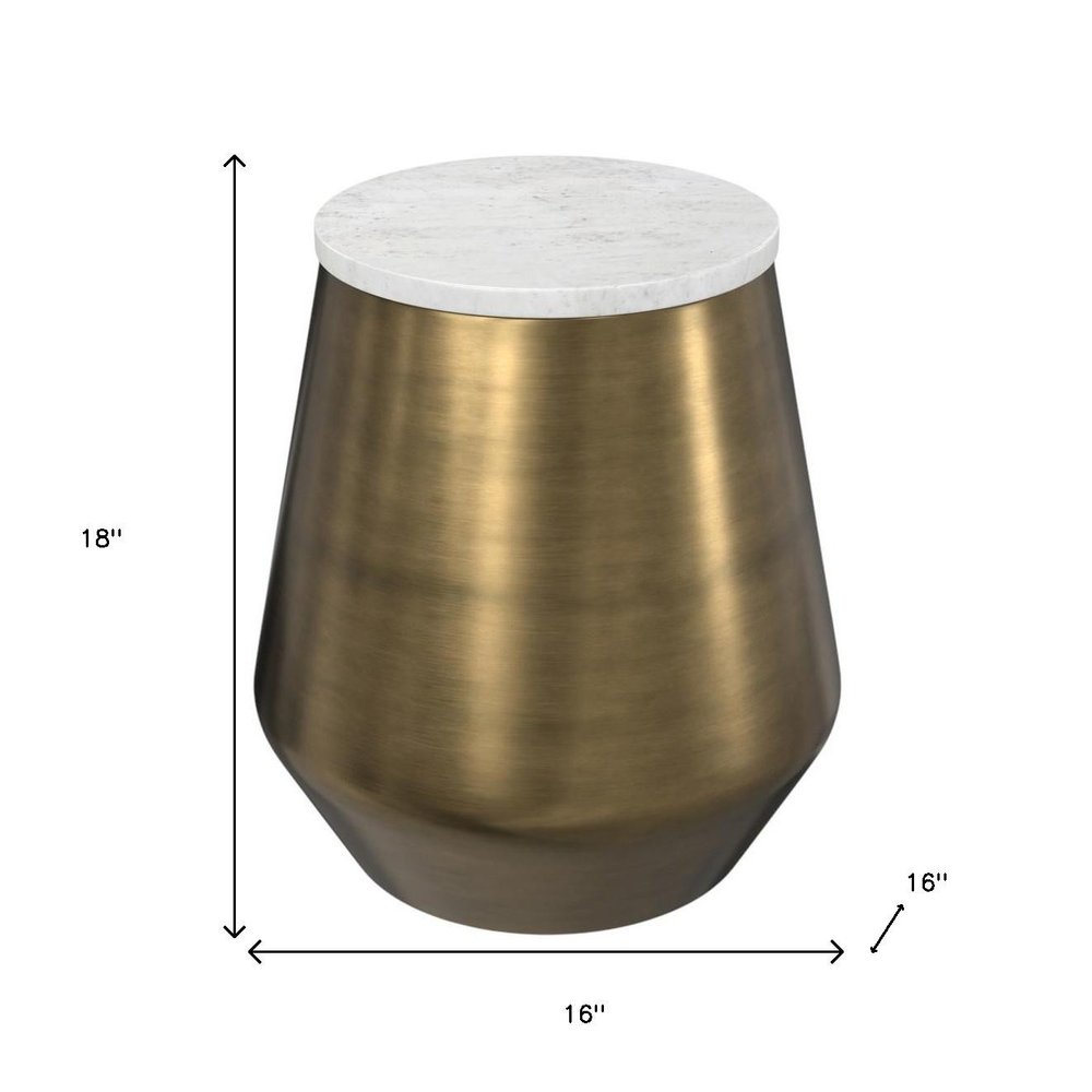 18" White and Antiqued Brass Marble and Iron Round Drum End Table HomeRoots