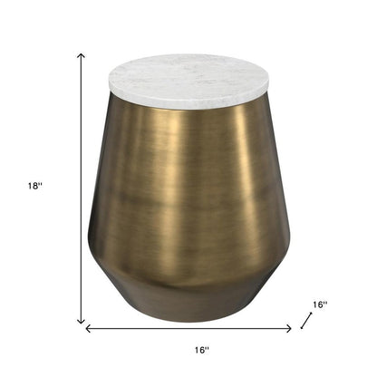18" White and Antiqued Brass Marble and Iron Round Drum End Table HomeRoots