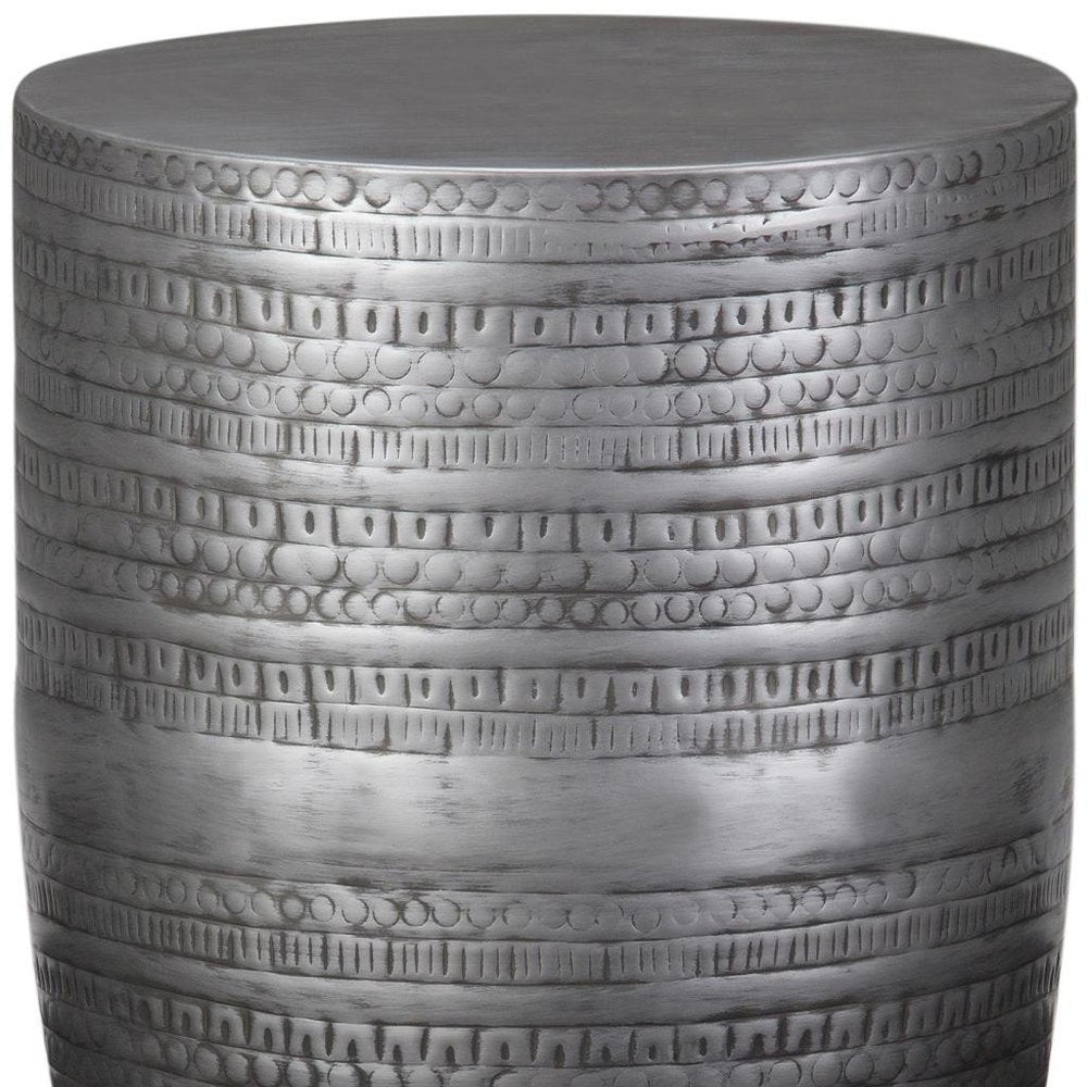 20" Antique Silver Distressed Iron Round Drum End Table HomeRoots