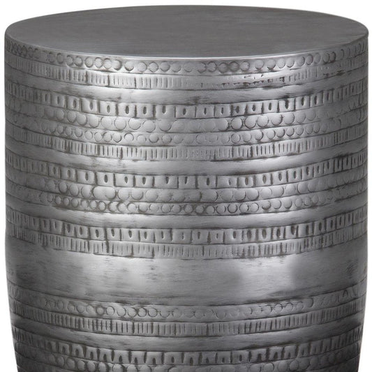 20" Antique Silver Distressed Iron Round Drum End Table HomeRoots