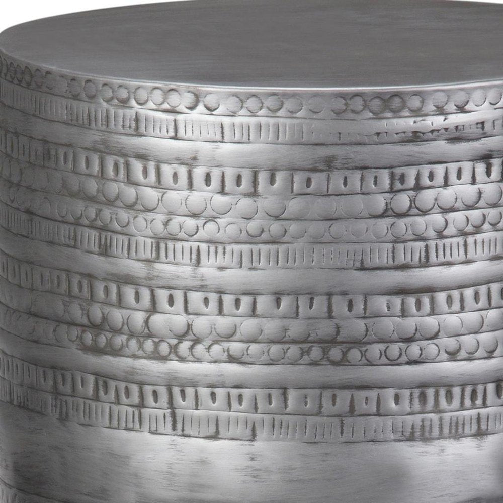 20" Antique Silver Distressed Iron Round Drum End Table HomeRoots