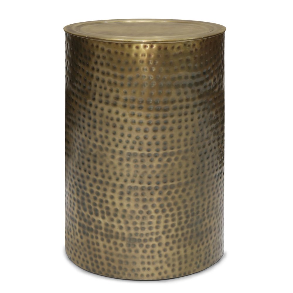 21" Antiqued Gold Distressed Iron Round Drum End Table HomeRoots