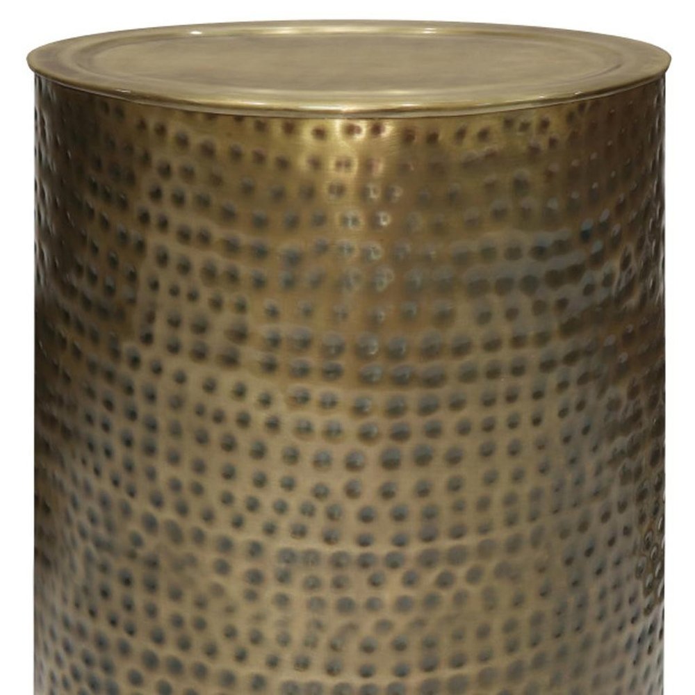 21" Antiqued Gold Distressed Iron Round Drum End Table HomeRoots