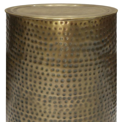 21" Antiqued Gold Distressed Iron Round Drum End Table HomeRoots
