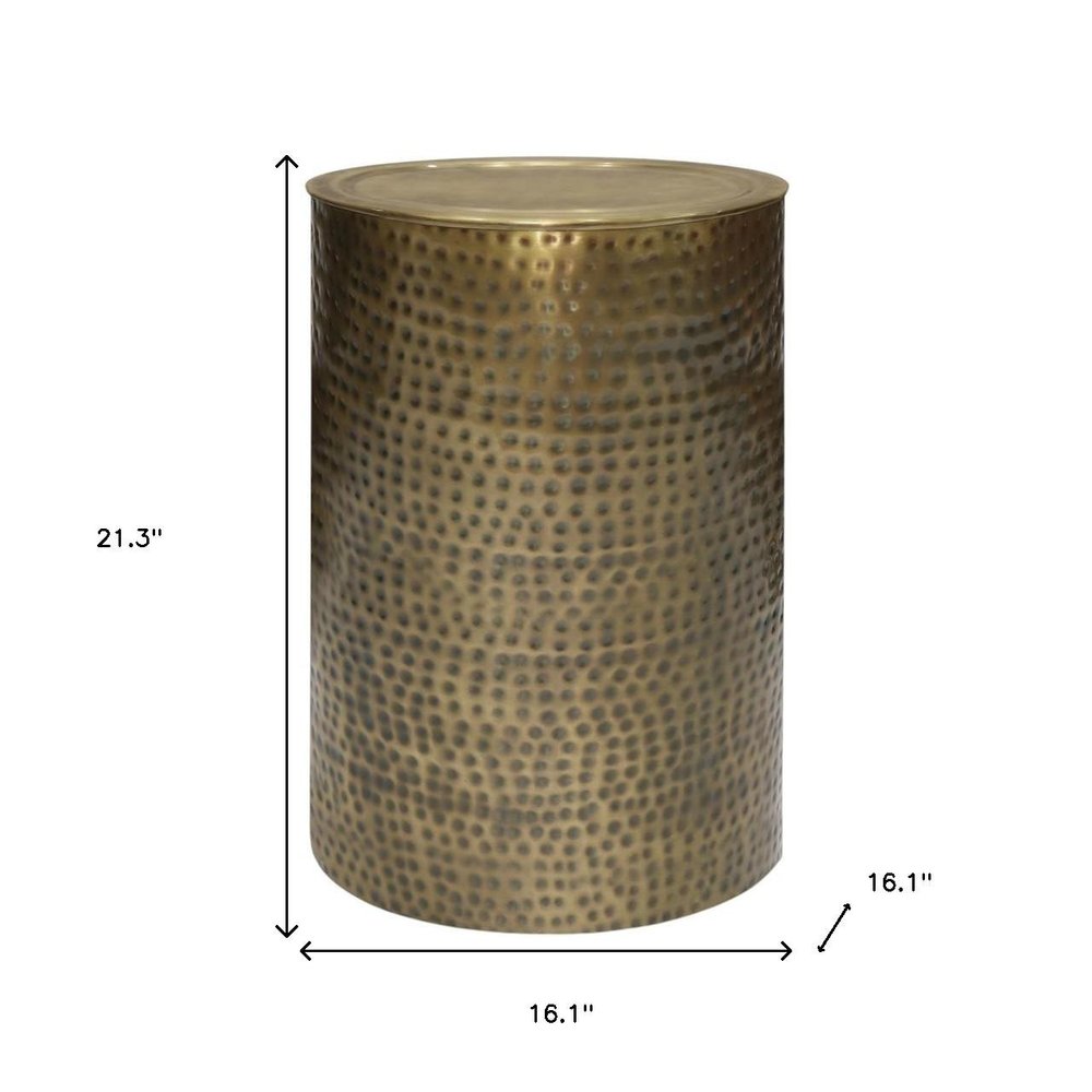 21" Antiqued Gold Distressed Iron Round Drum End Table HomeRoots