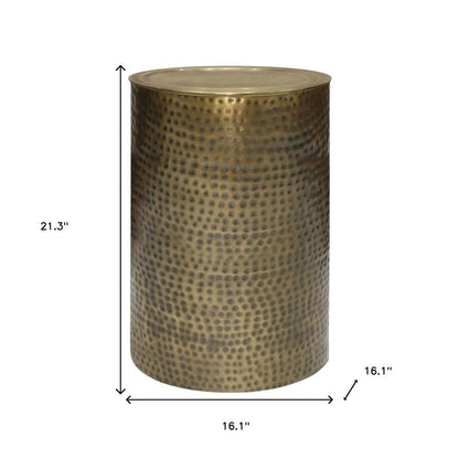 21" Antiqued Gold Distressed Iron Round Drum End Table HomeRoots