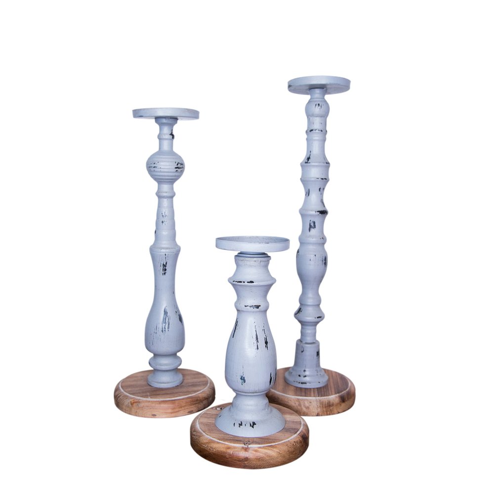 Set of Three Gray Distressed Wood Tabletop Pillar Candle Holders — view 1