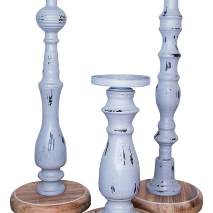 Set of Three Gray Distressed Wood Tabletop Pillar Candle Holders HomeRoots