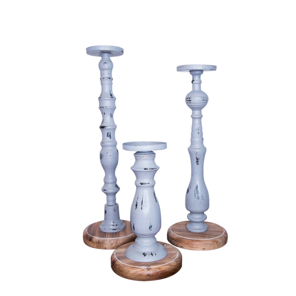 Set of Three Gray Distressed Wood Tabletop Pillar Candle Holders — view 2