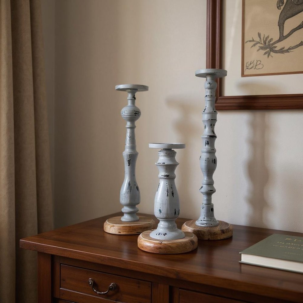 Set of Three Gray Distressed Wood Tabletop Pillar Candle Holders HomeRoots