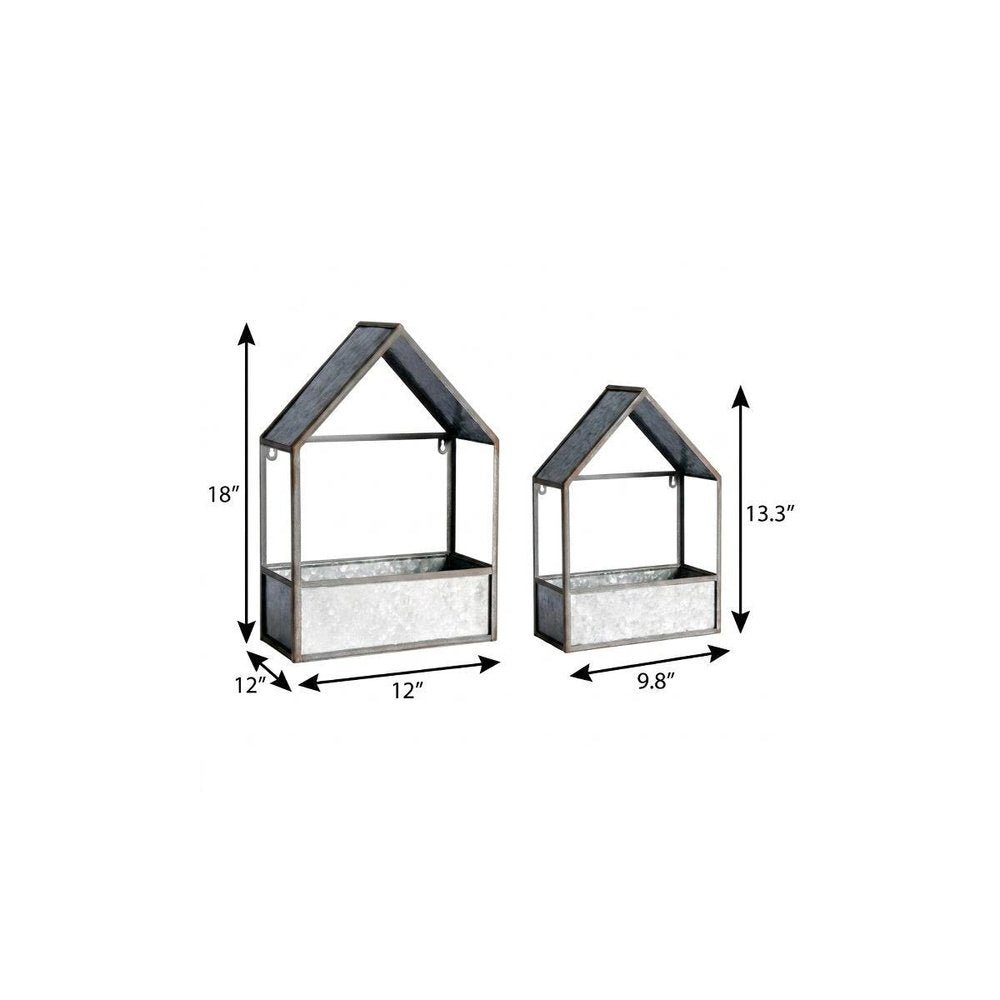 Set of Two Gray Galvanized Metal Novelty House Shaped Hanging Planters — view 10