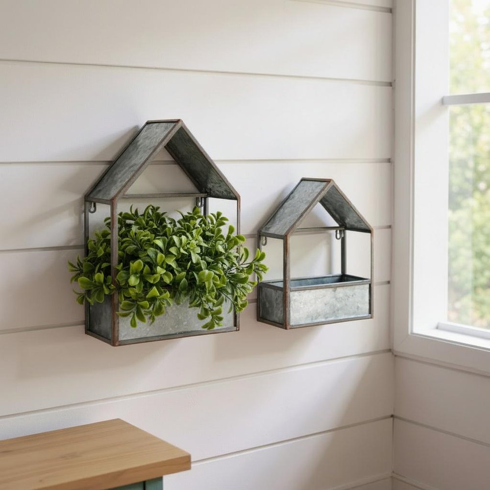 Set of Two Gray Galvanized Metal Novelty House Shaped Hanging Planters — view 7