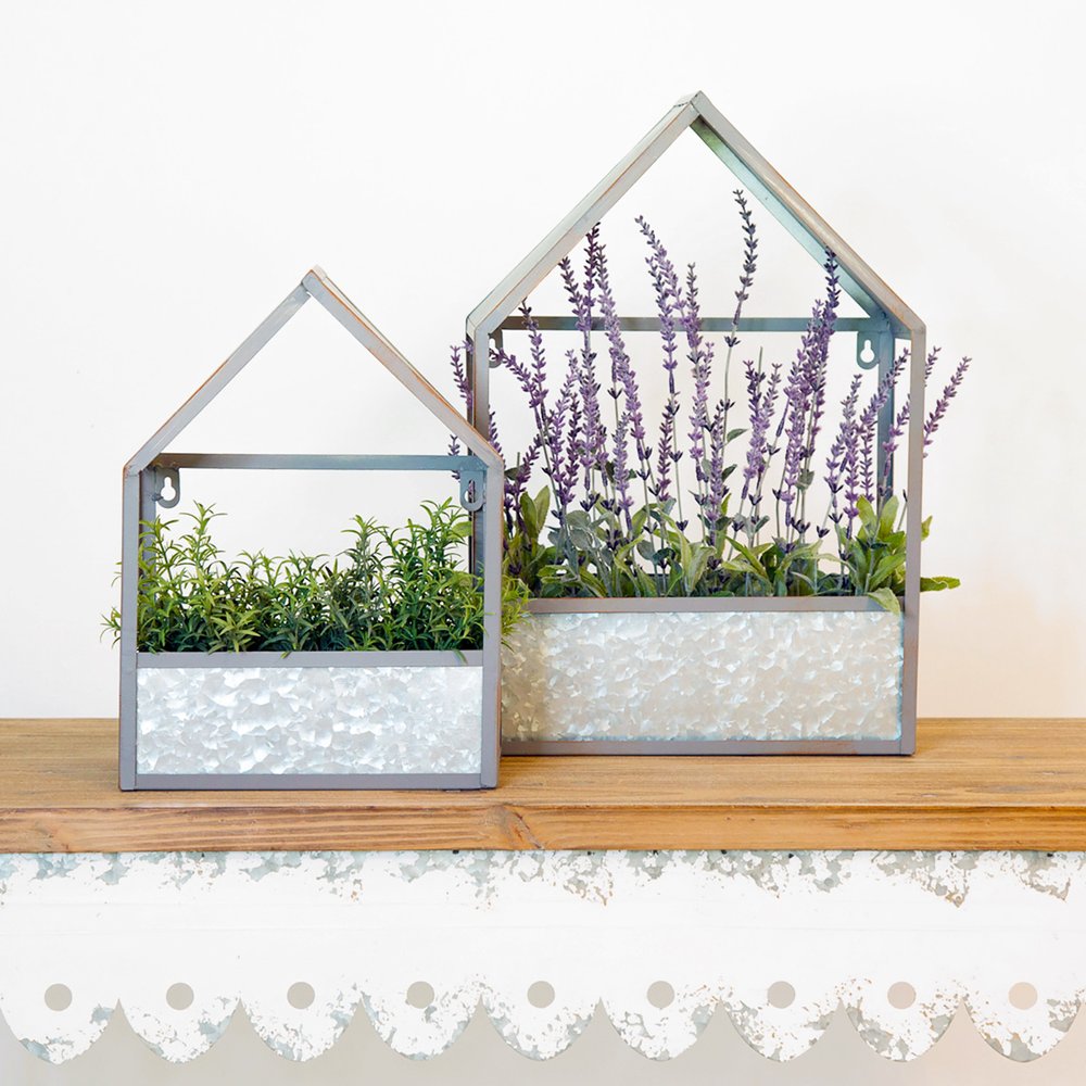 Set of Two Gray Galvanized Metal Novelty House Shaped Hanging Planters — view 1