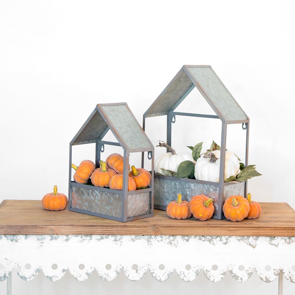Set of Two Gray Galvanized Metal Novelty House Shaped Hanging Planters — view 2