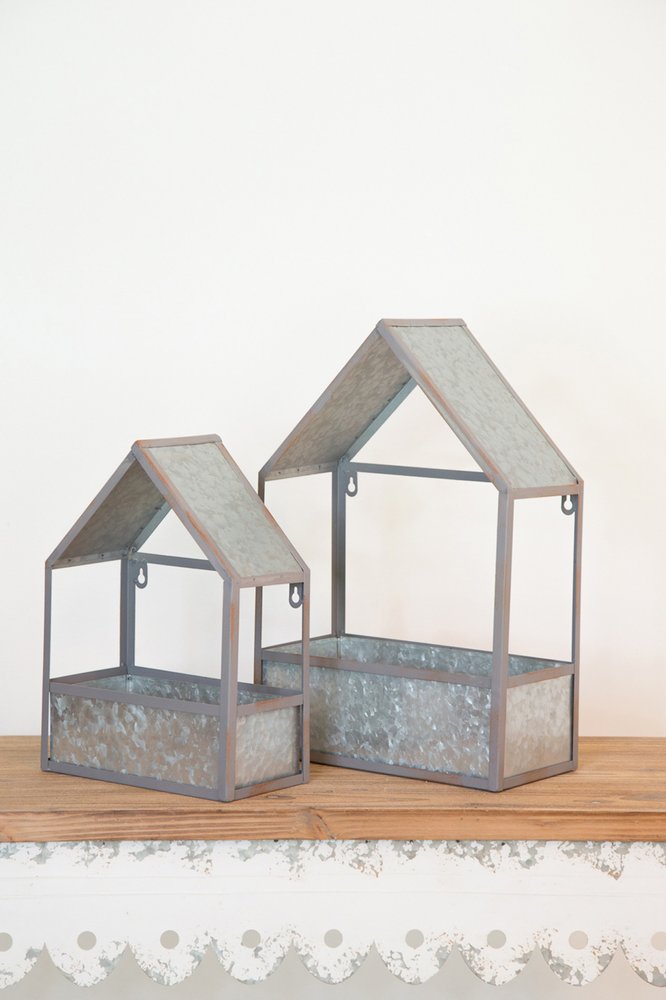Set of Two Gray Galvanized Metal Novelty House Shaped Hanging Planters — view 3