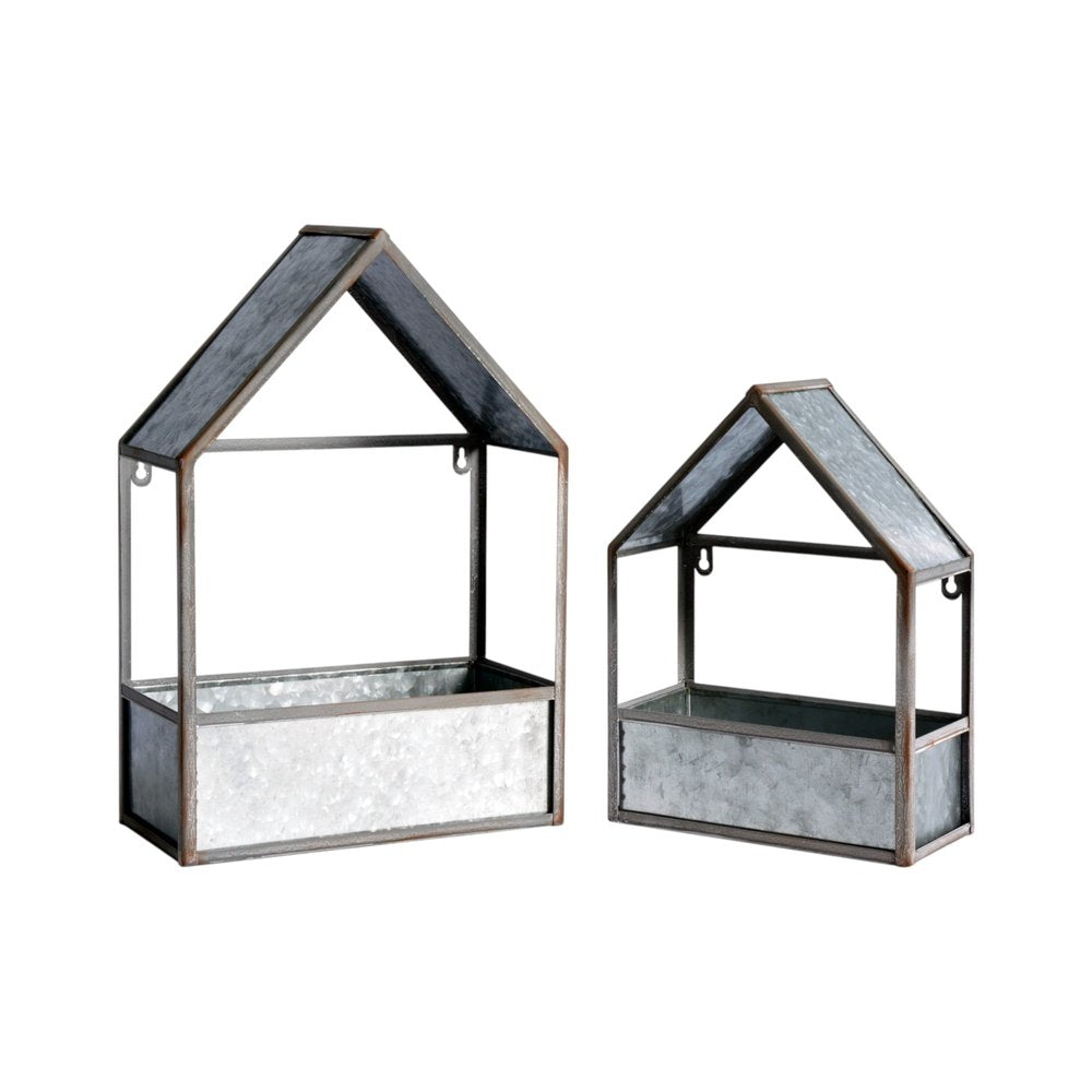 Set of Two Gray Galvanized Metal Novelty House Shaped Hanging Planters — view 5
