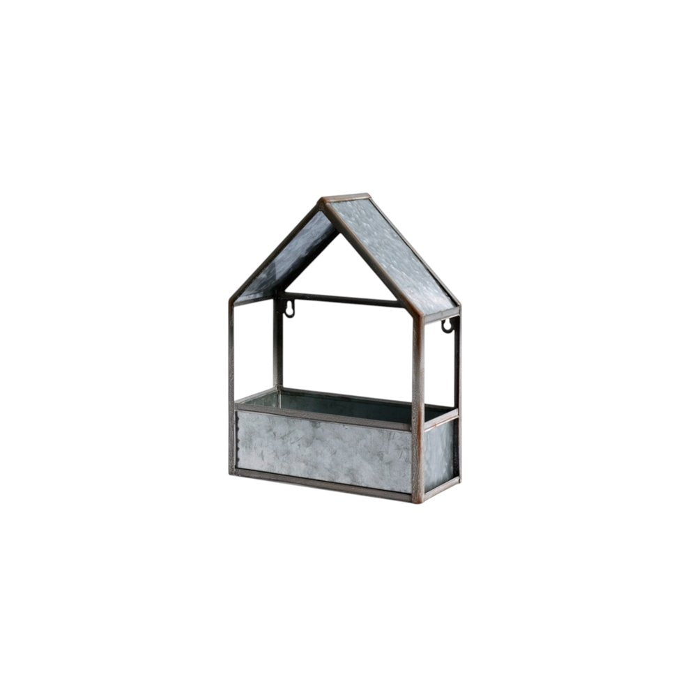 Set of Two Gray Galvanized Metal Novelty House Shaped Hanging Planters — view 6