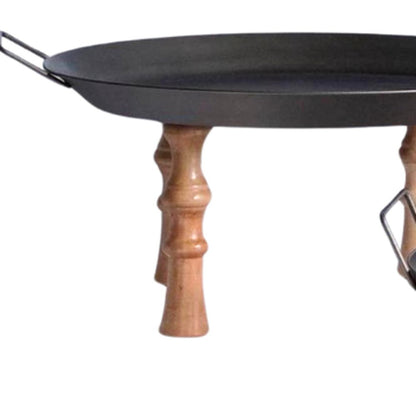 Set of Three Black And Brown Wood And Metal Round Riser Trays With Handles HomeRoots
