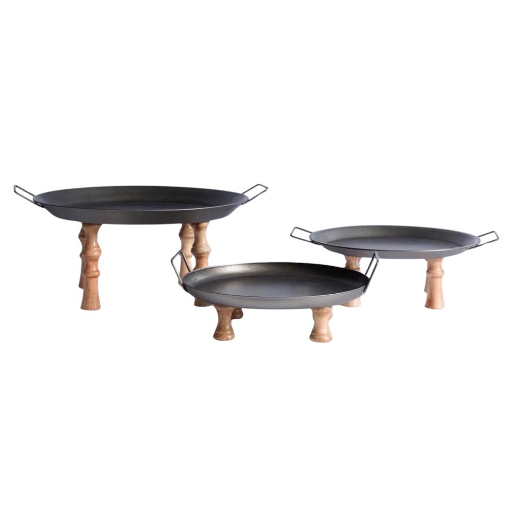 Set of Three Black And Brown Wood And Metal Round Riser Trays With Handles HomeRoots