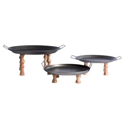 Set of Three Black And Brown Wood And Metal Round Riser Trays With Handles HomeRoots