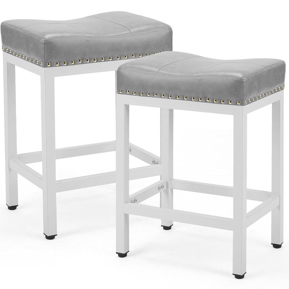 Set of Two 22" Gray And White Faux Leather And Steel Backless Bar Chairs HomeRoots