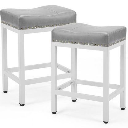 Set of Two 22" Gray And White Faux Leather And Steel Backless Bar Chairs HomeRoots