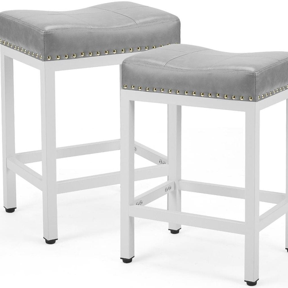 Set of Two 22" Gray And White Faux Leather And Steel Backless Bar Chairs HomeRoots