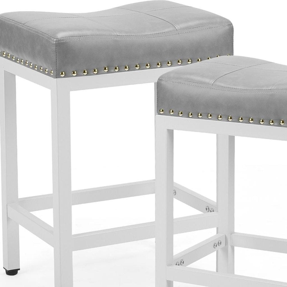 Set of Two 22" Gray And White Faux Leather And Steel Backless Bar Chairs HomeRoots