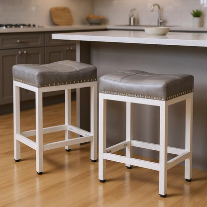 Set of Two 22" Gray And White Faux Leather And Steel Backless Bar Chairs HomeRoots