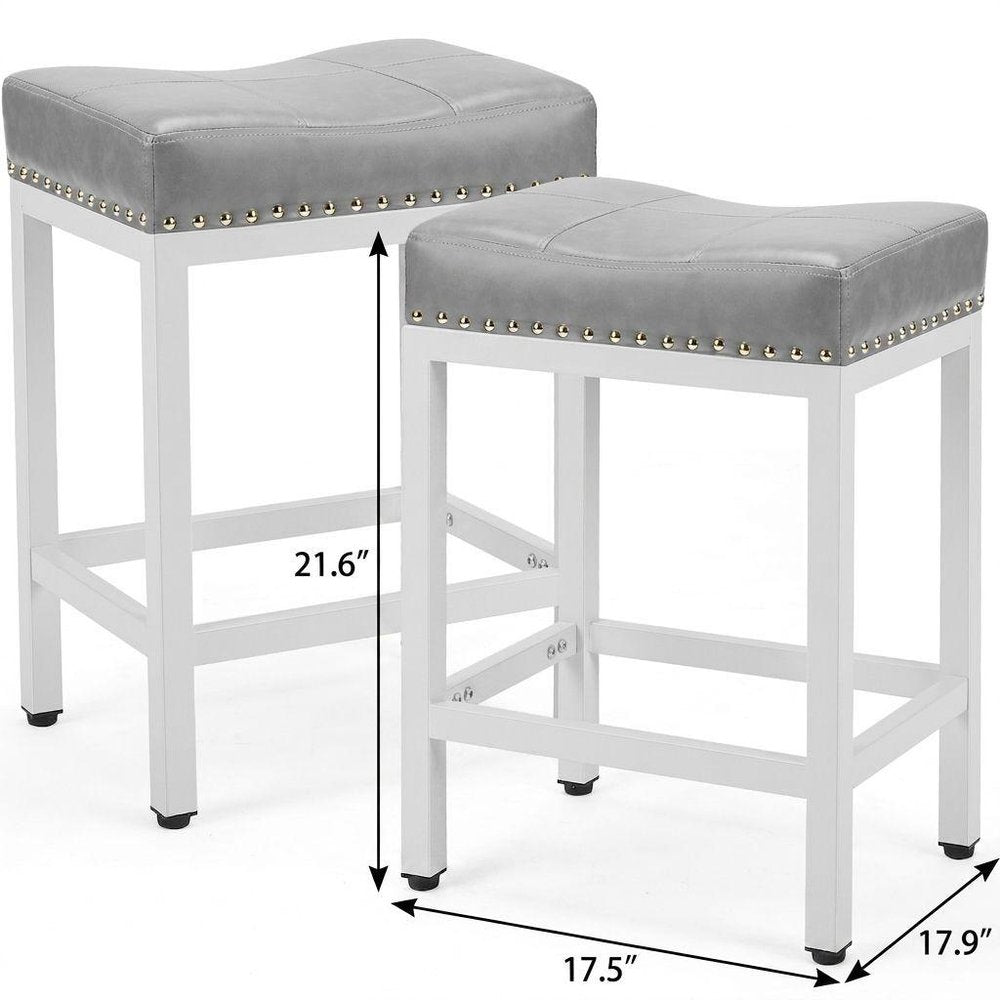 Set of Two 22" Gray And White Faux Leather And Steel Backless Bar Chairs HomeRoots