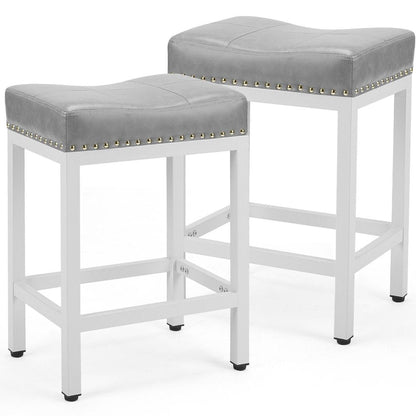 Set of Two 22" Gray And White Faux Leather And Steel Backless Bar Chairs HomeRoots