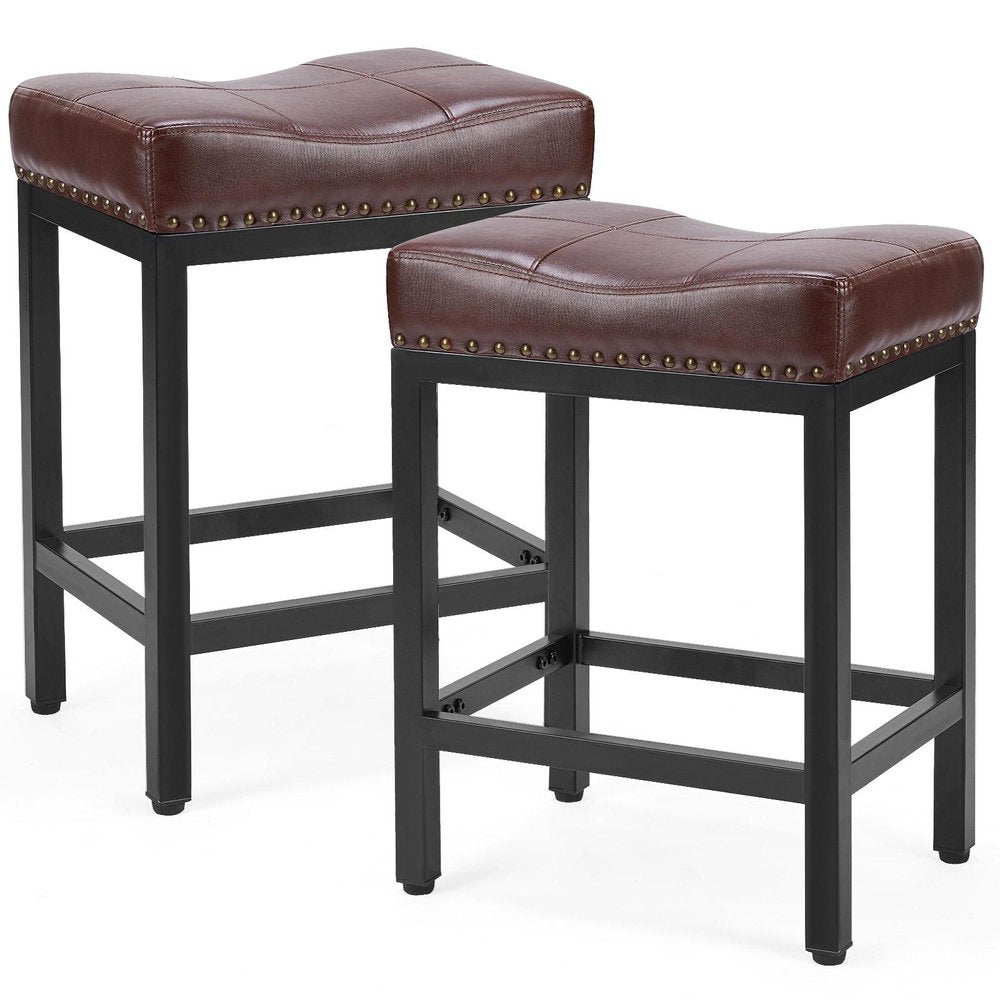 Set of Two 22" Brown And Black Faux Leather And Steel Backless Bar Chairs HomeRoots