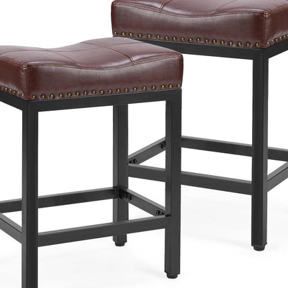 Set of Two 22" Brown And Black Faux Leather And Steel Backless Bar Chairs HomeRoots