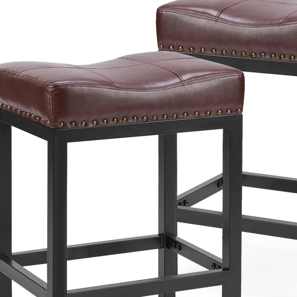 Set of Two 22" Brown And Black Faux Leather And Steel Backless Bar Chairs HomeRoots