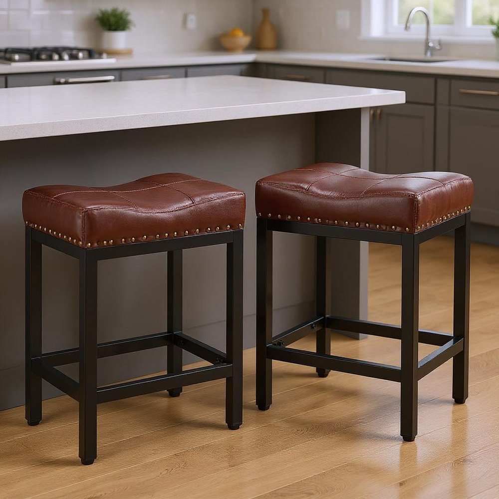 Set of Two 22" Brown And Black Faux Leather And Steel Backless Bar Chairs HomeRoots