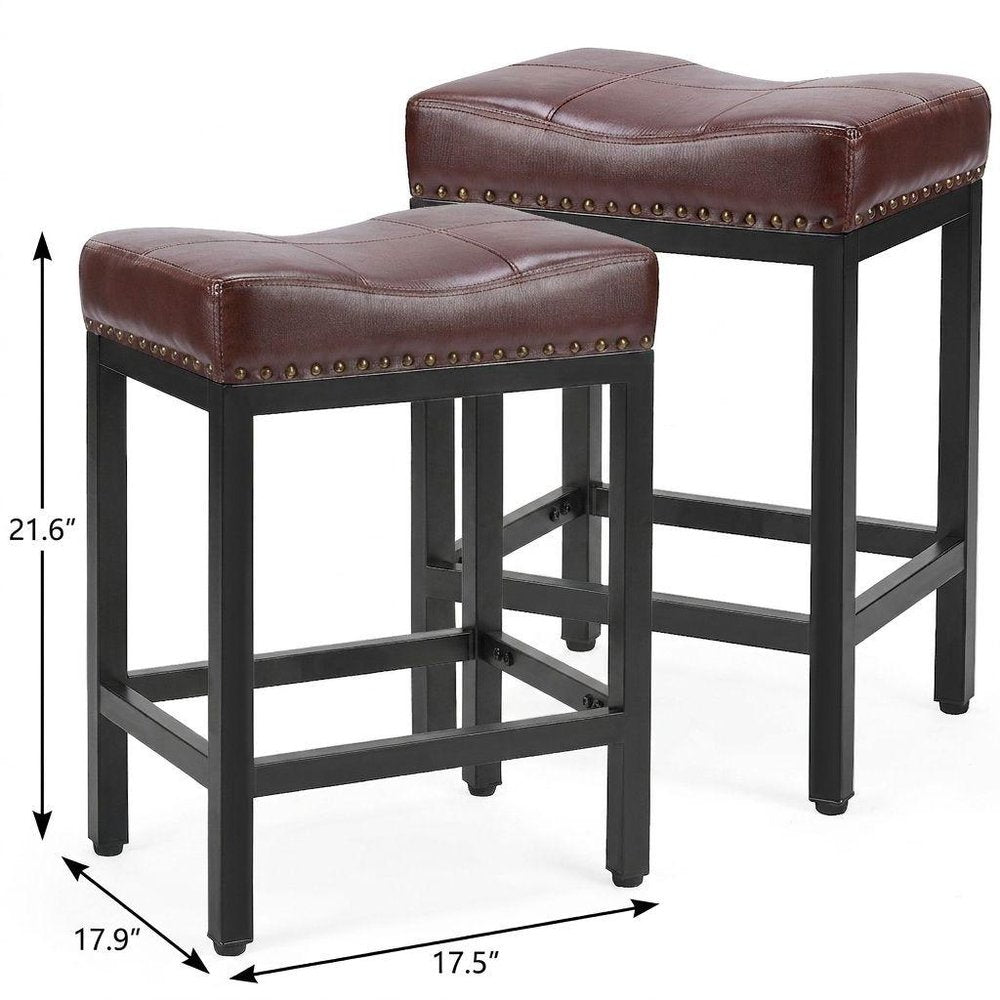 Set of Two 22" Brown And Black Faux Leather And Steel Backless Bar Chairs HomeRoots