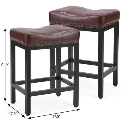 Set of Two 22" Brown And Black Faux Leather And Steel Backless Bar Chairs HomeRoots