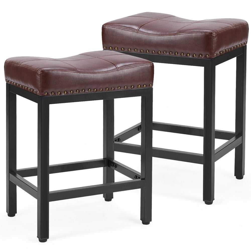 Set of Two 22" Brown And Black Faux Leather And Steel Backless Bar Chairs HomeRoots