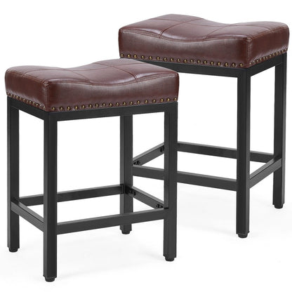 Set of Two 22" Brown And Black Faux Leather And Steel Backless Bar Chairs HomeRoots
