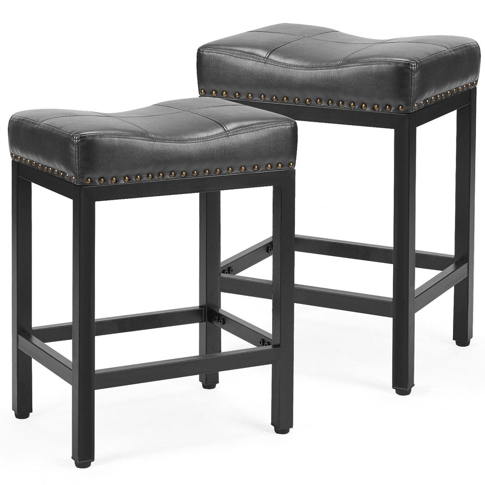 Set of Two 22" Black Faux Leather And Steel Backless Bar Chairs HomeRoots