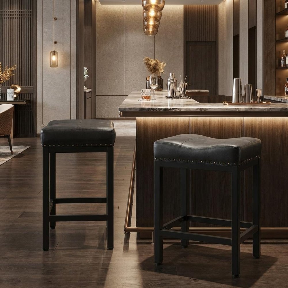 Set of Two 22" Black Faux Leather And Steel Backless Bar Chairs — view 7