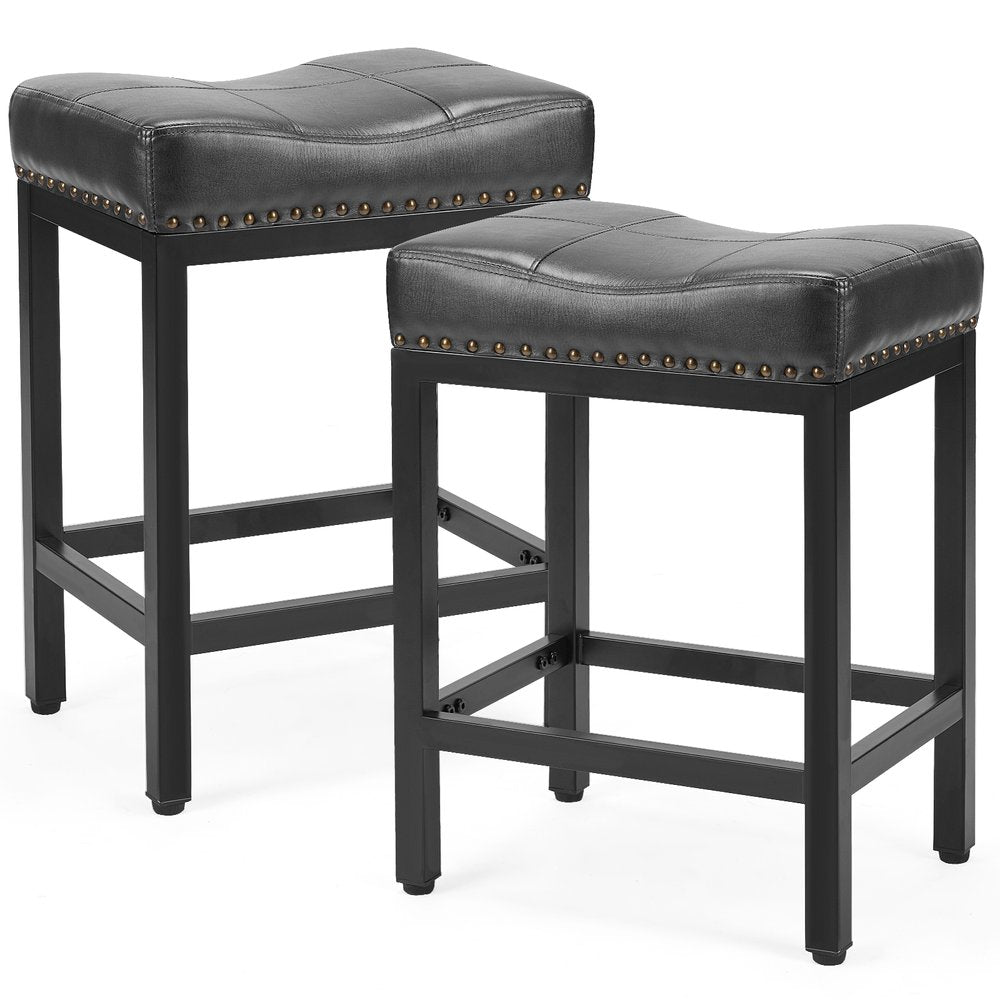 Set of Two 22" Black Faux Leather And Steel Backless Bar Chairs HomeRoots