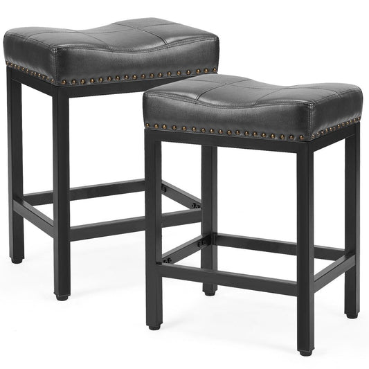 Set of Two 22" Black Faux Leather And Steel Backless Bar Chairs HomeRoots
