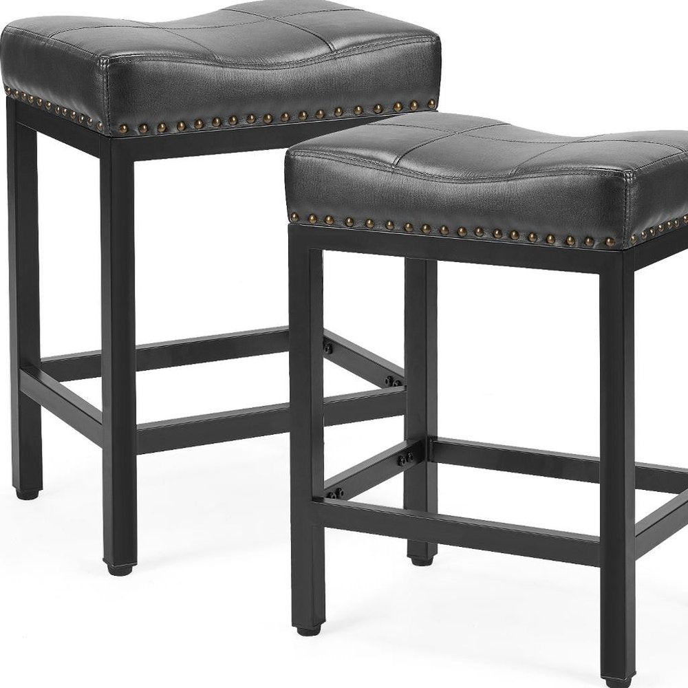 Set of Two 22" Black Faux Leather And Steel Backless Bar Chairs HomeRoots