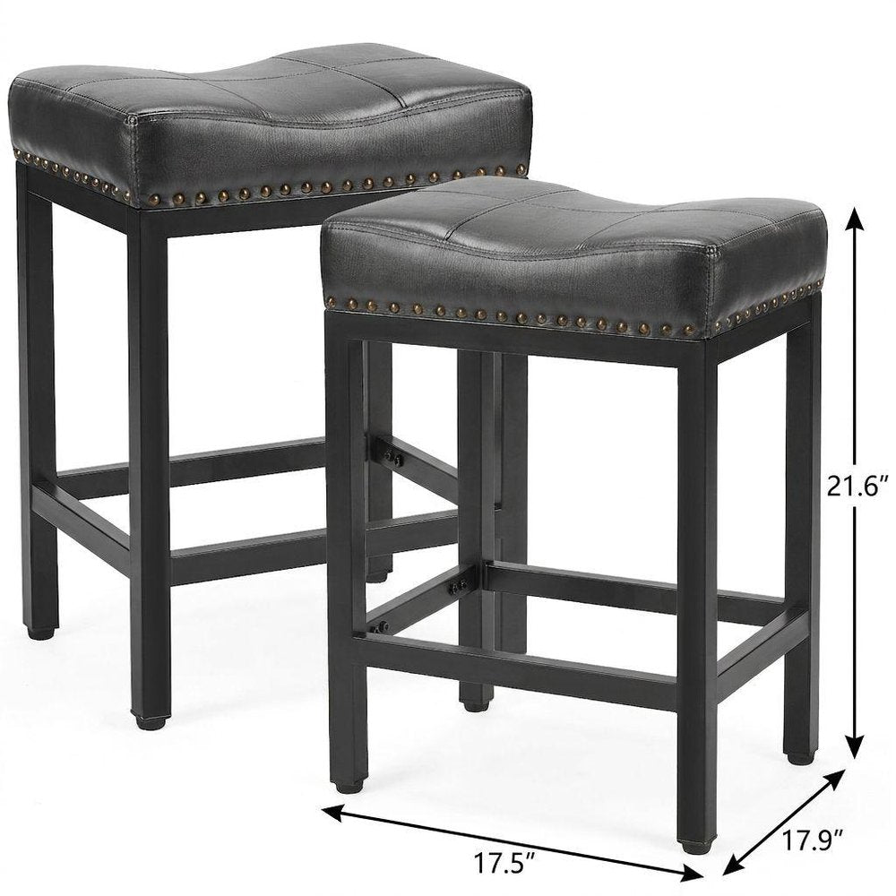Set of Two 22" Black Faux Leather And Steel Backless Bar Chairs HomeRoots
