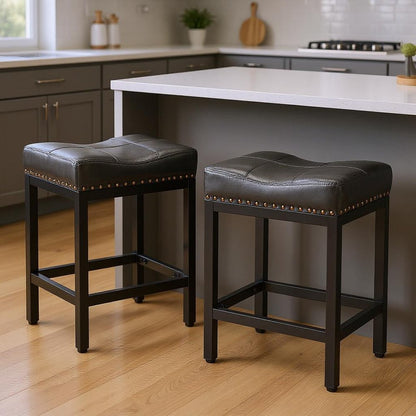 Set of Two 22" Black Faux Leather And Steel Backless Bar Chairs HomeRoots