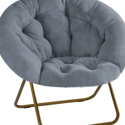 26" Gray and Bronze Tufted Faux Fur and Metal Folding Lounge Chair HomeRoots