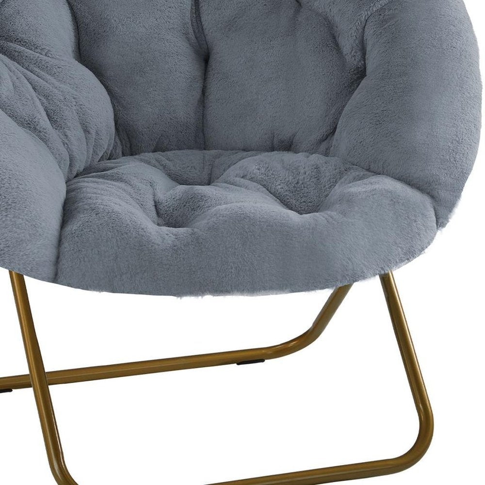 26" Gray and Bronze Tufted Faux Fur and Metal Folding Lounge Chair HomeRoots