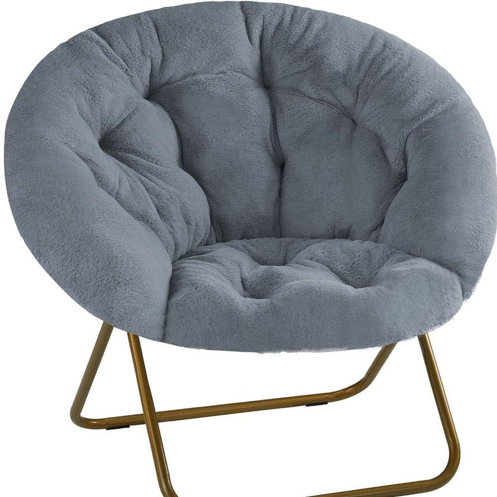 26" Gray and Bronze Tufted Faux Fur and Metal Folding Lounge Chair HomeRoots