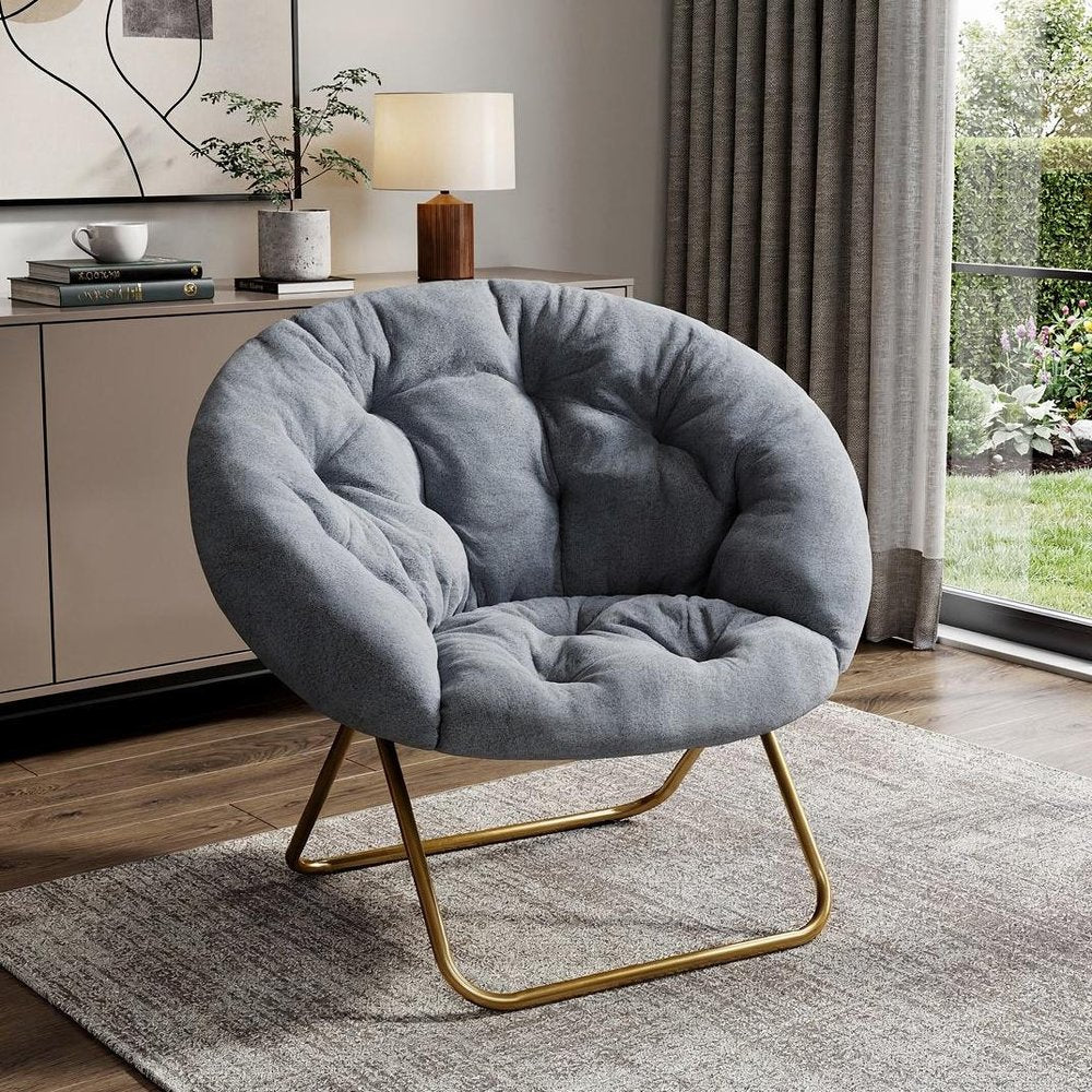26" Gray and Bronze Tufted Faux Fur and Metal Folding Lounge Chair HomeRoots